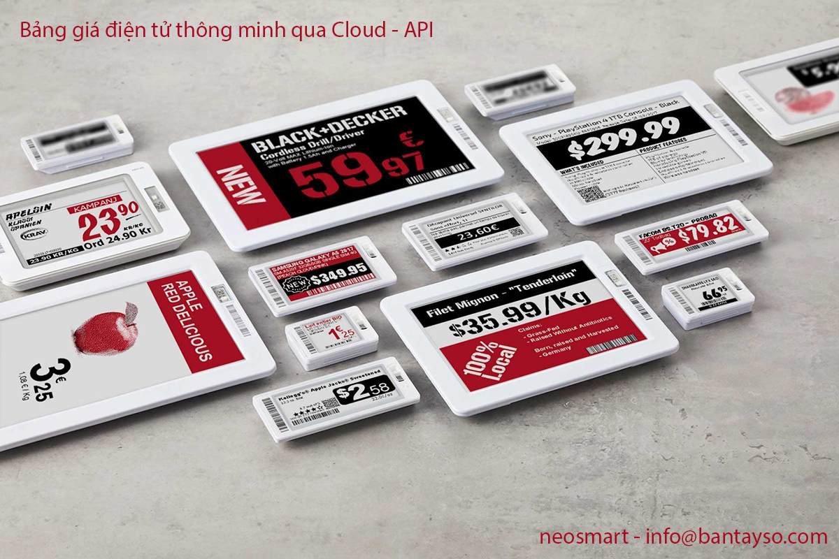 Nhãn giá điện tử ESL, bảng giá điện tử thông minh quản lý qua cloud, API